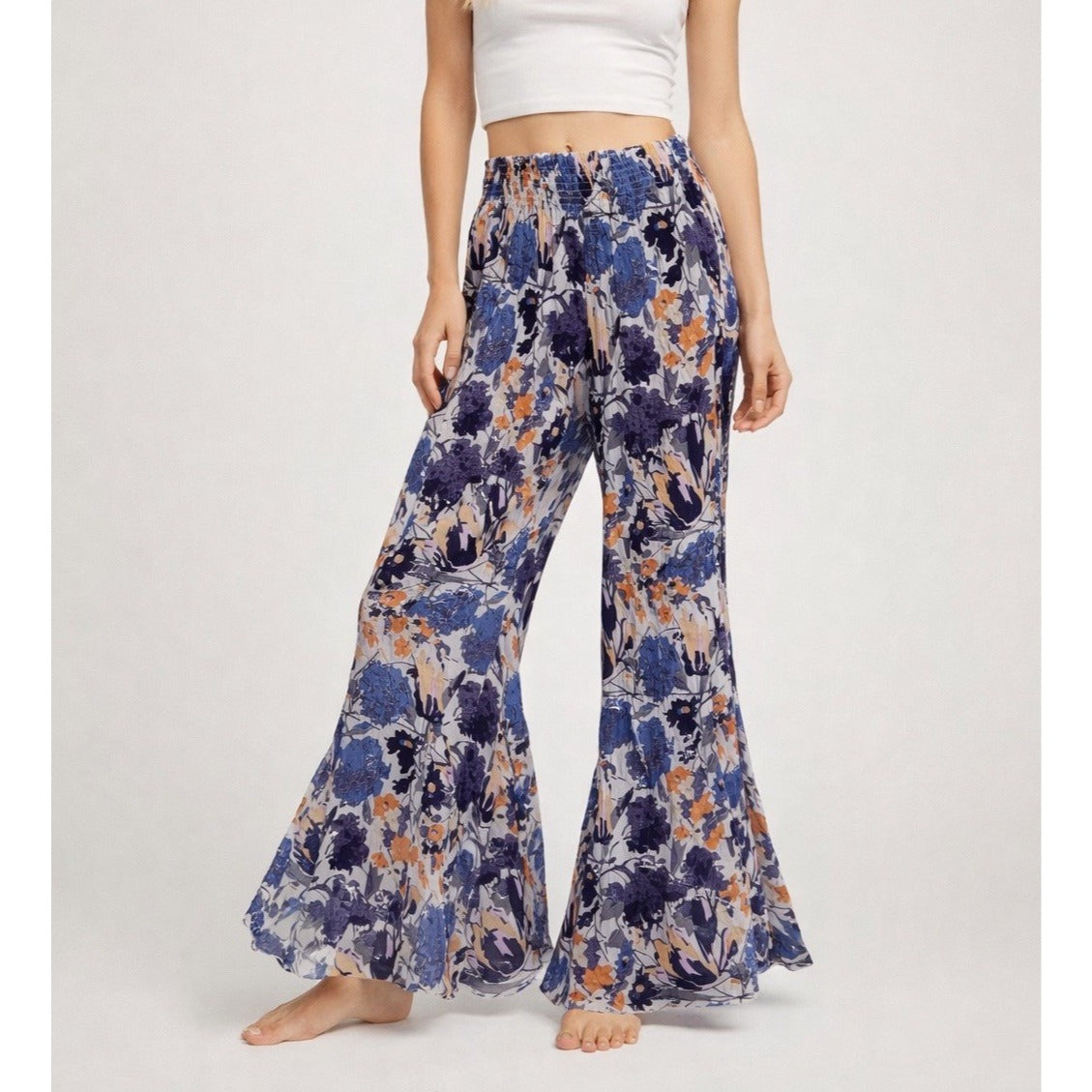 Free People One Wide Leg Flare Pants Purple Blue Floral - M