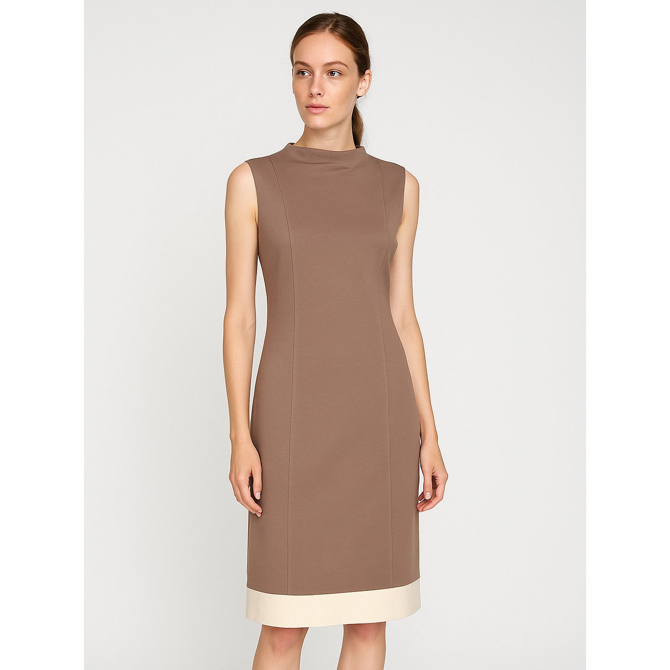 St John Knit Sleeveless Sheath Dress High Neck Cafe Brown - 6