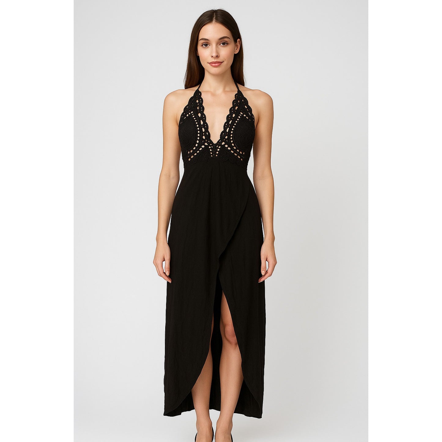 Cleobella Embroidered Lace Halter Midi Maxi Dress Tulip Hem Black - XS