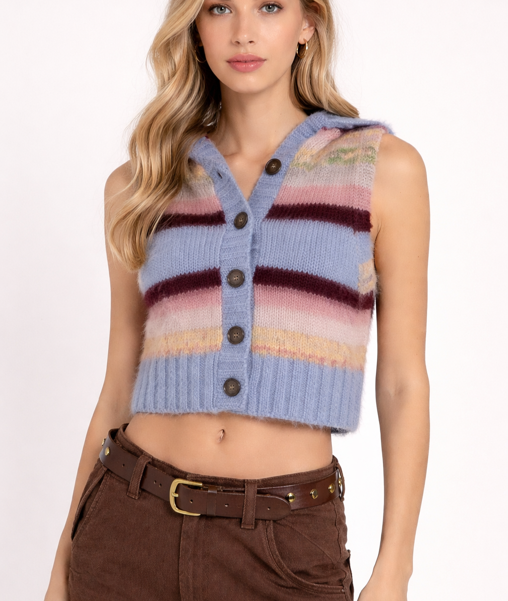Free People Rosetta Knit Vest Pastel Stripe Hooded - S