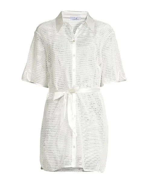 My Beachy Side Crochet Lace Belted Button Up Mini Shirt Dress - S