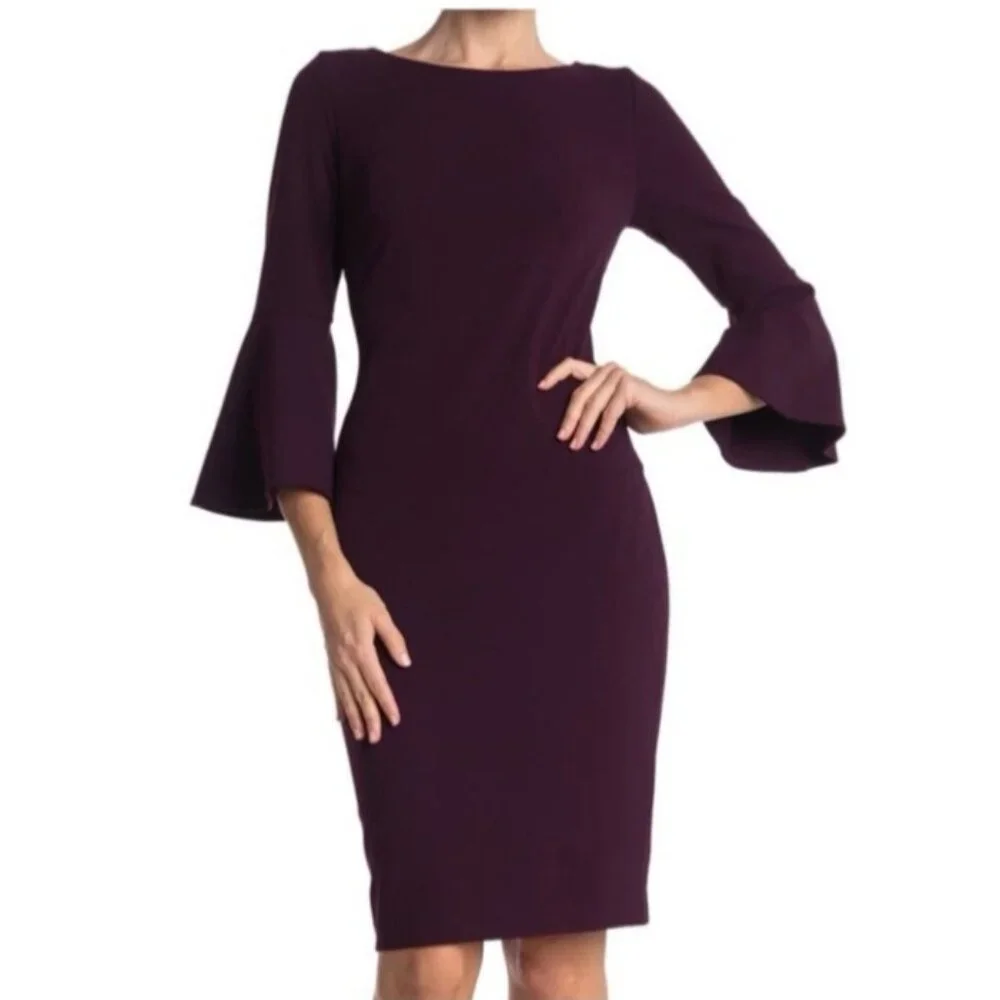 Calvin Klein Bell Sleeve Sheath Pencil Dress 3/4 Sleeve Plum Purple - 2P