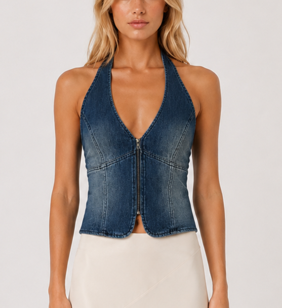 Your Favorite Ellie Denim Halter Zip Vest Pacsun - S