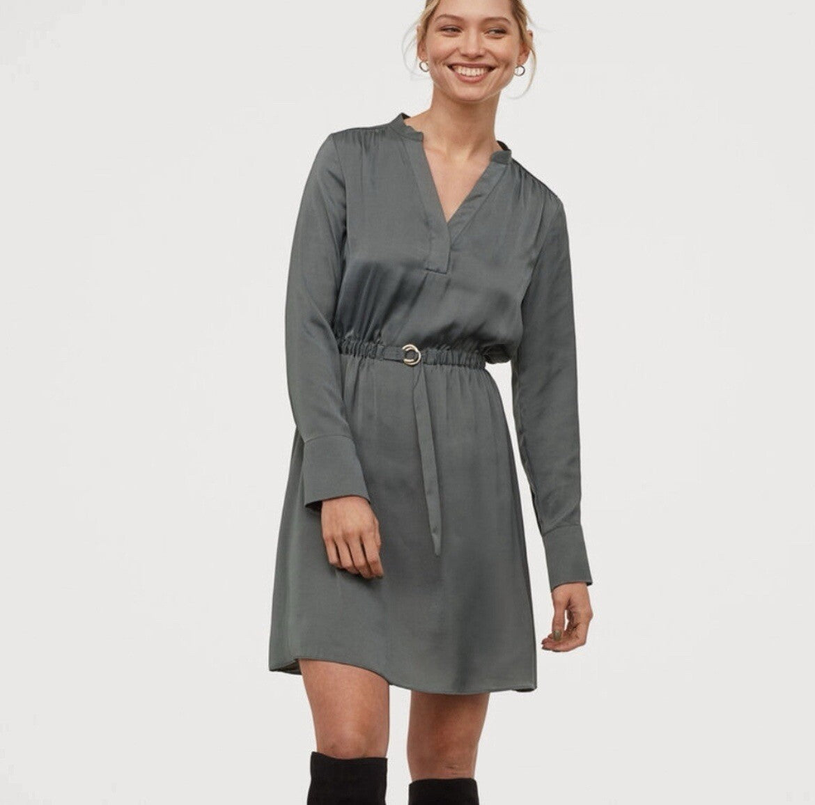 H&M Satin Shirt Dress Belted Green - XS