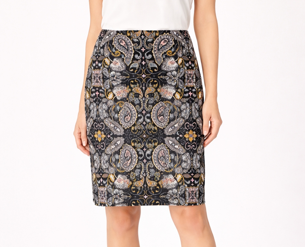 Ann Taylor Loft Black Yellow Paisley Print Cotton Pique Pencil Skirt - 2P