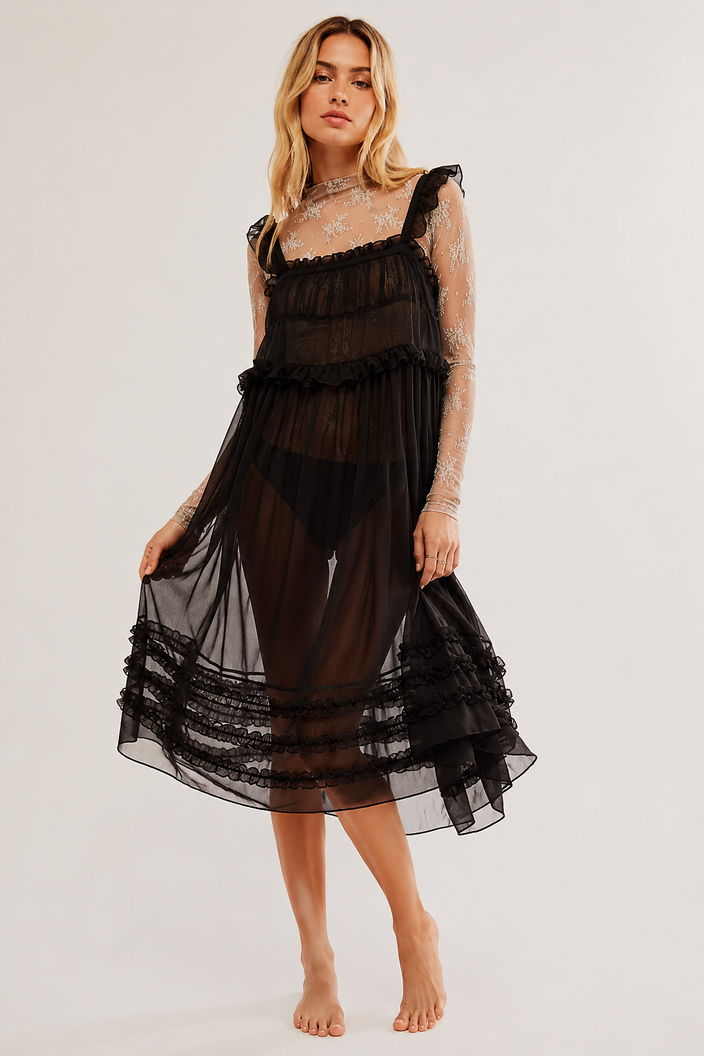 Intimately Free People Moon Phase Midi Sheer Slip Ruffle Tiered Dress Black - XS