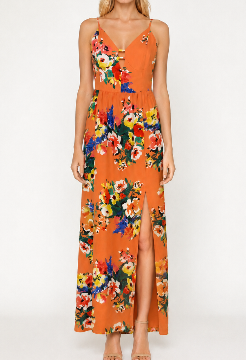 Express Peach Floral Side Slit Maxi Dress - XS