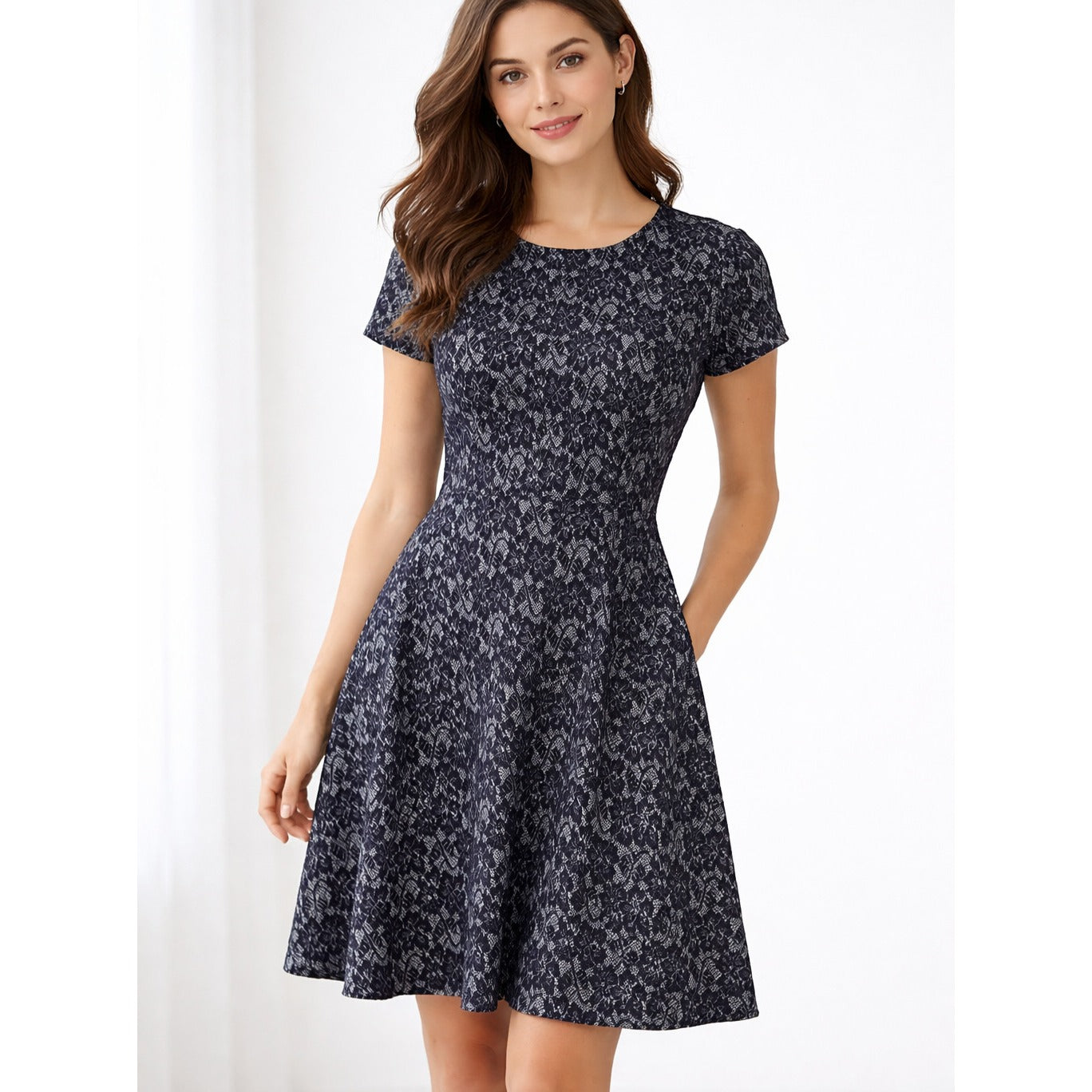 BCBGMaxAzria Navy Floral Short Sleeve Skater Dress - S