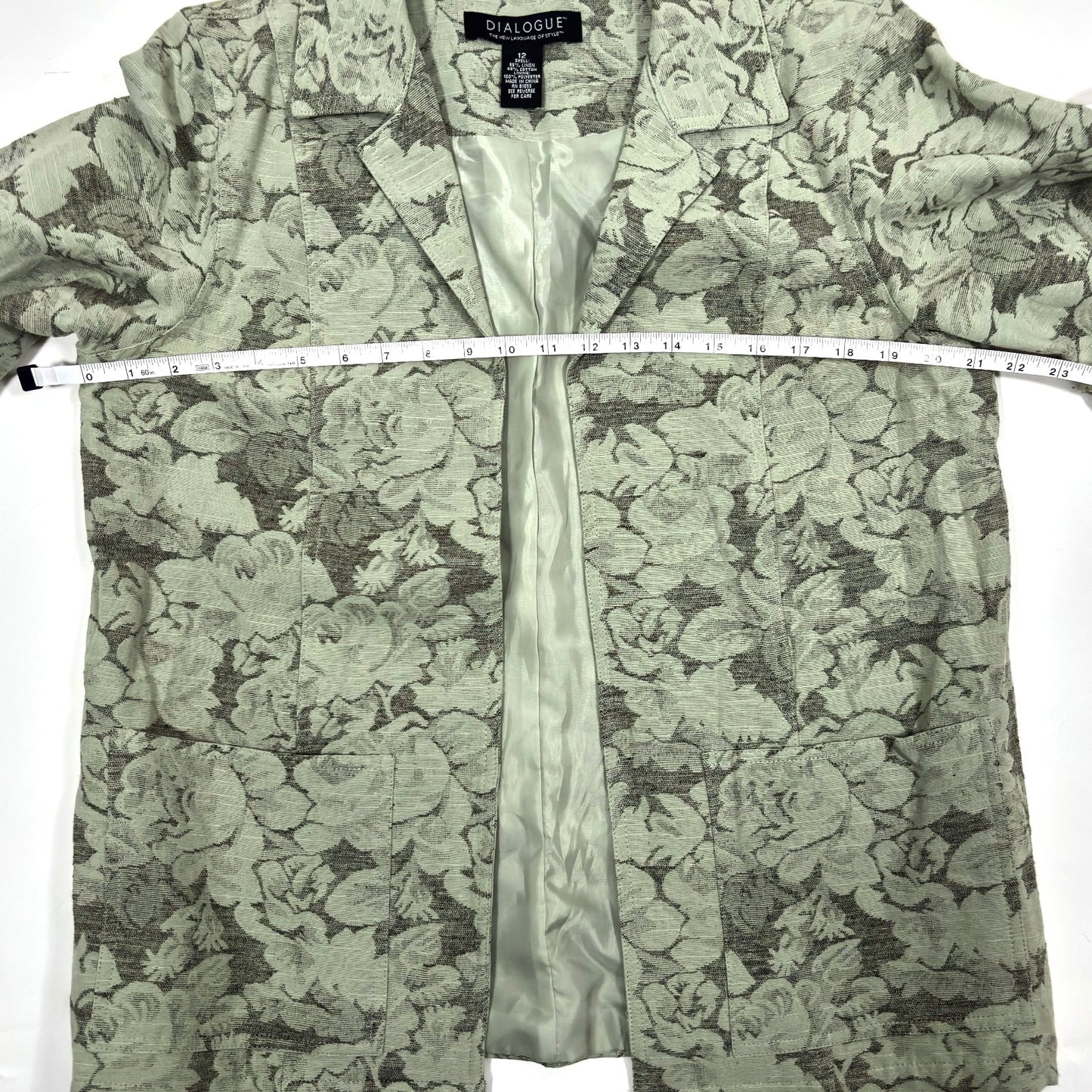 Dialogue Sage Floral Tapestry Linen Open Front Blazer Jacket Lined - 12