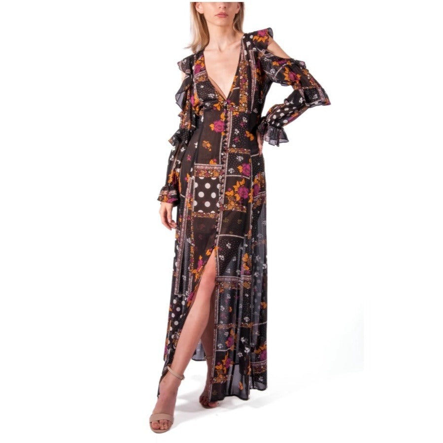For love & Lemons Elyse Ruffled Maxi Dress Sheer Black Floral - S