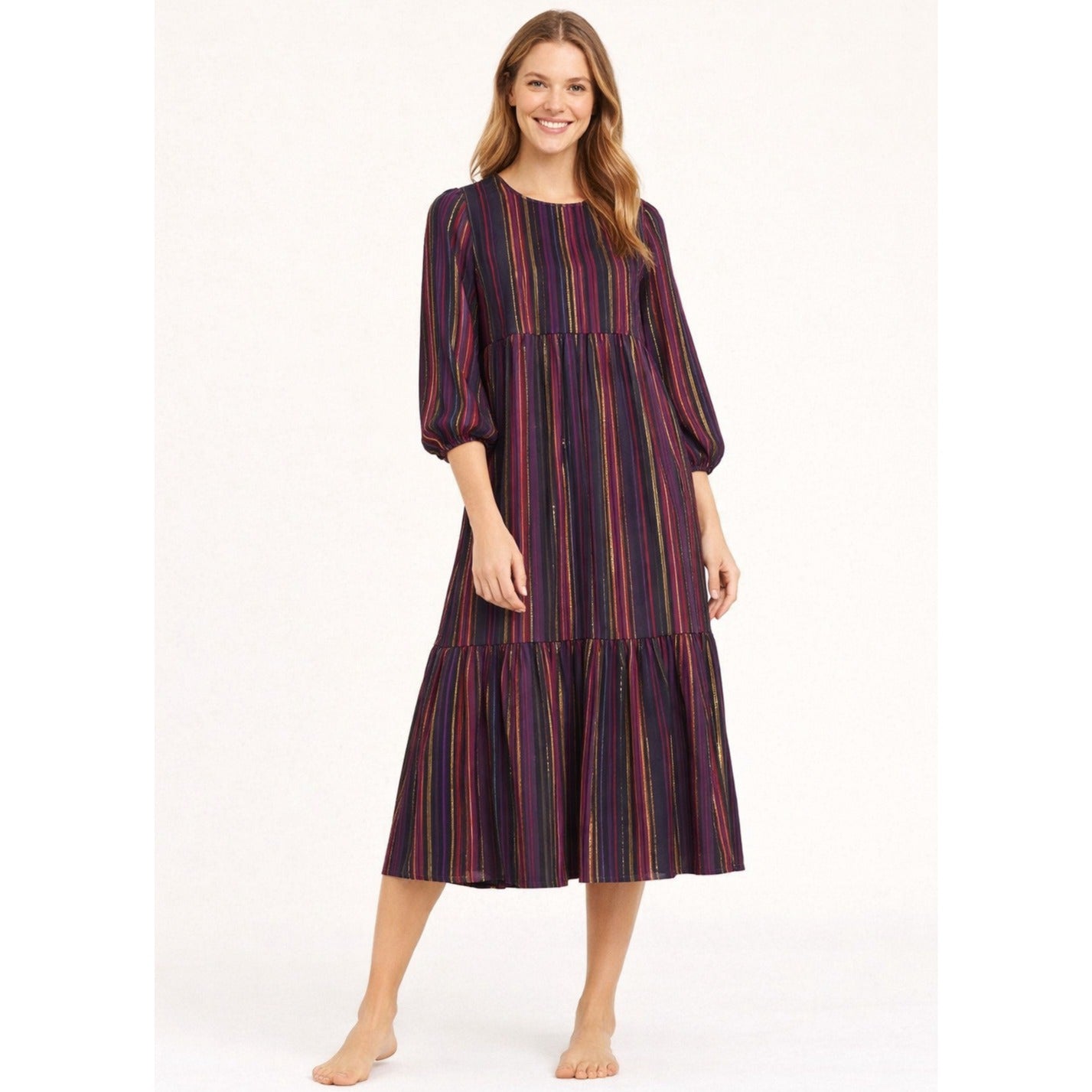 Marine Layer Alice Tiered Midi Maxi Dress Lurex Purple Luxe Stripe - M