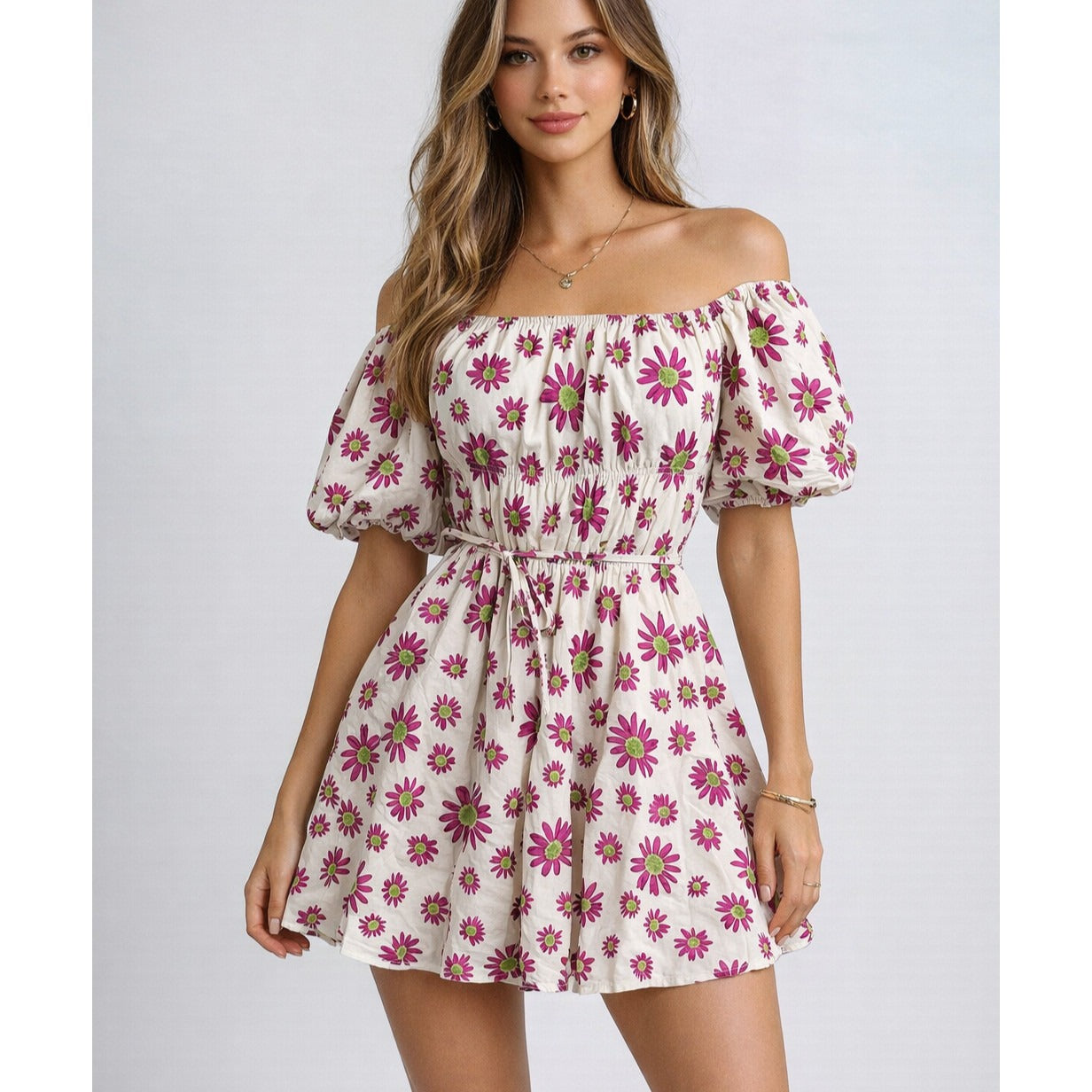 Talulah Purple Floral Off Shoulder Puff Sleeve Baby Doll Mini Dress - M