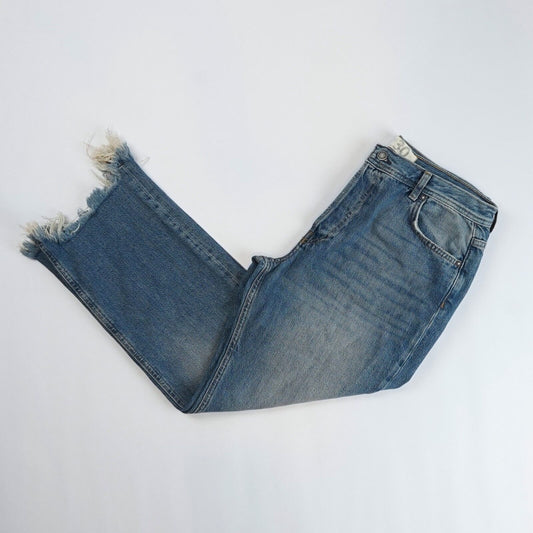 Free People Maggie Straight Leg Jeans Mid Rise Raw Hem - 30