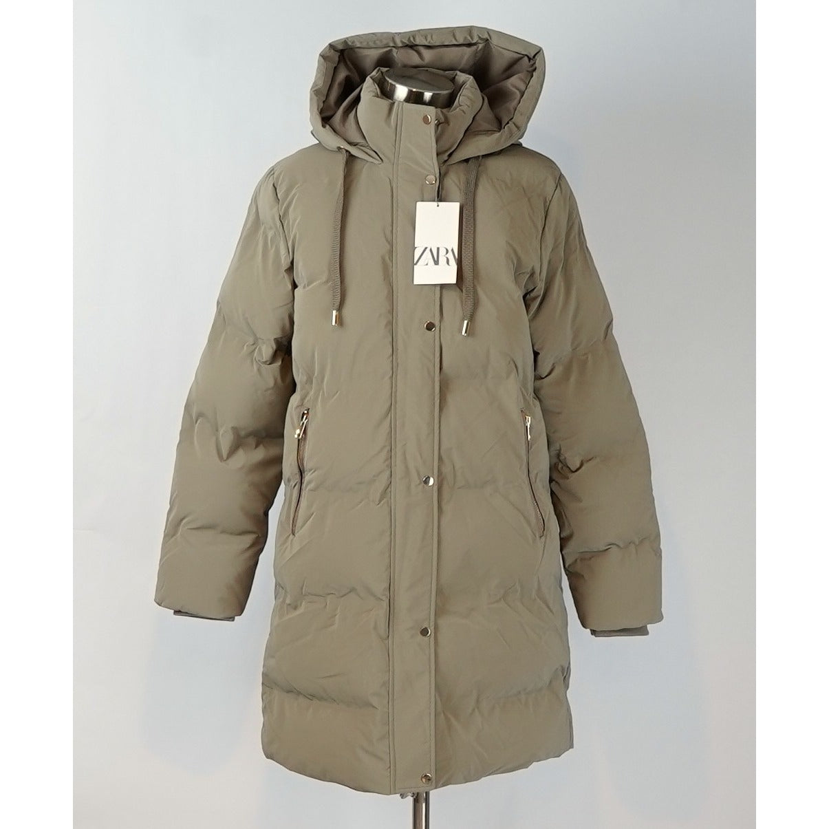 Zara Windproof Padded Anorak Puffer Coat Jacket Hooded Khaki - M