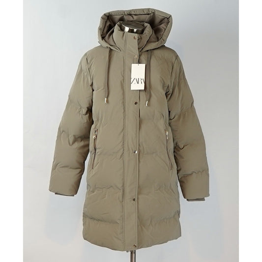 Zara Windproof Padded Anorak Puffer Coat Jacket Hooded Khaki - M