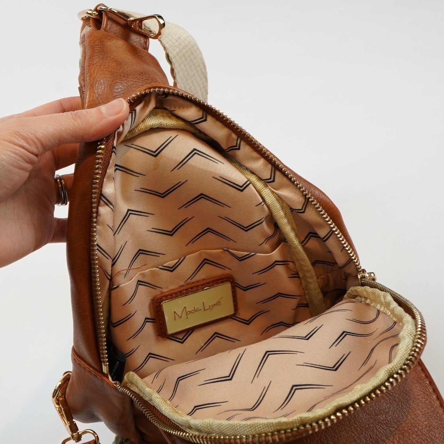 Moda Luxe Aztec Sling Saddlebag Crossbody Camel Brown