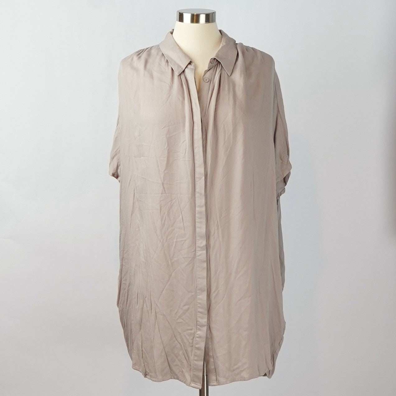 All Row Button Down Dolman Shirt Dress Beige Oversized - S/M