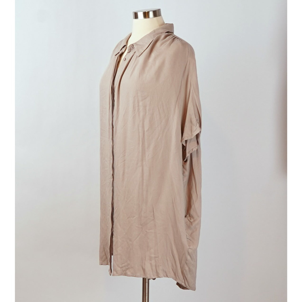All Row Button Down Dolman Shirt Dress Beige Oversized - S/M