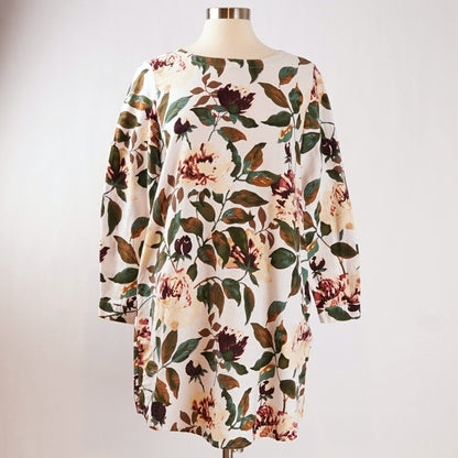 All Over Floral Print Cotton Shift Dress - L