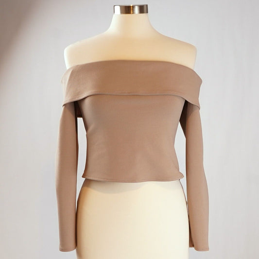 Abercrombie & Fitch Off Shoulder Long Sleeve Blouse Beige - M