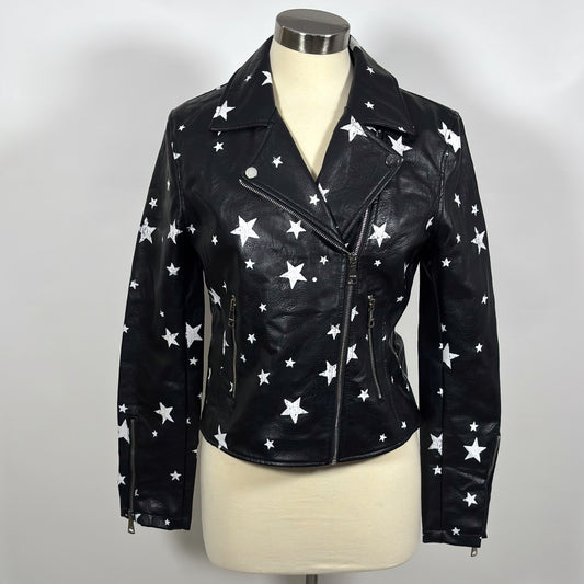 Vigoss Vegan Leather Moto Jacket Star Print Black White - M