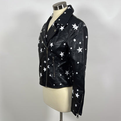 Vigoss Vegan Leather Moto Jacket Star Print Black White - M