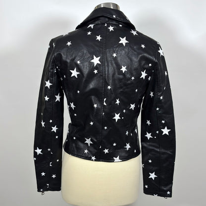 Vigoss Vegan Leather Moto Jacket Star Print Black White - M
