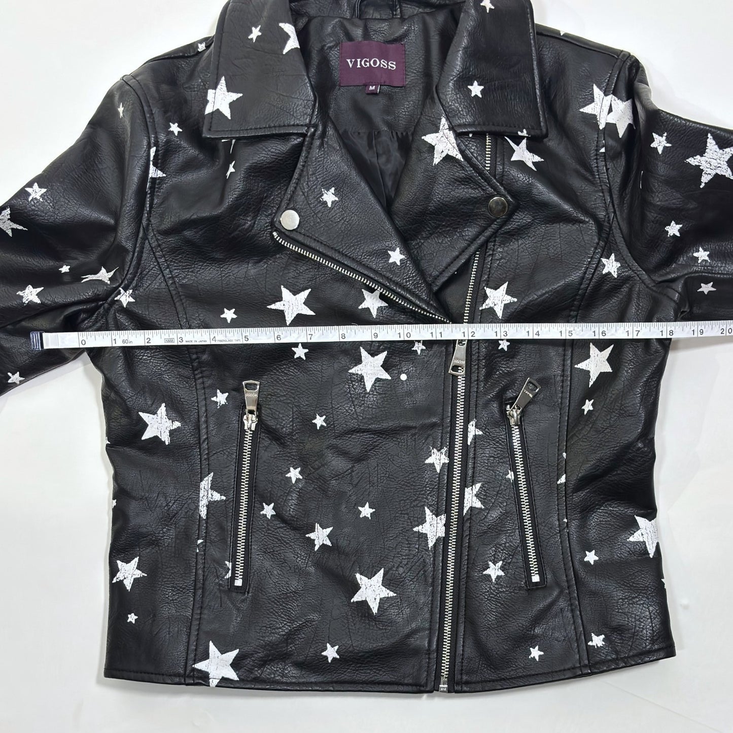 Vigoss Vegan Leather Moto Jacket Star Print Black White - M