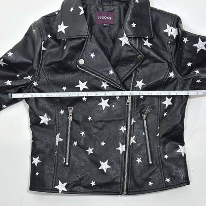 Vigoss Vegan Leather Moto Jacket Star Print Black White - M