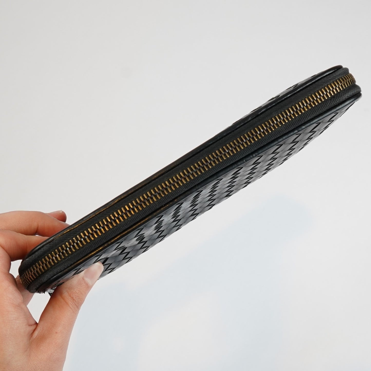 Bottega Veneta Continental Black Intrecciato Leather Zip Wallet 8.5in Oversized
