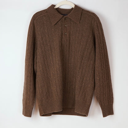 Davis & Squire Cable Knit 100% Cashmere Polo Sweater Chocolate Brown - M