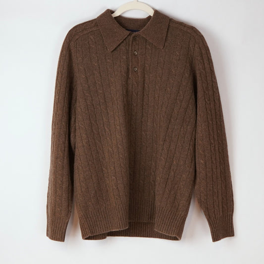 Davis & Squire Cable Knit 100% Cashmere Polo Sweater Chocolate Brown - M