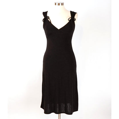 Caution To The Wind Black V-Neck Tie Shoulder Stretch Knit Midi Dress - M