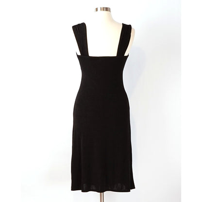 Caution To The Wind Black V-Neck Tie Shoulder Stretch Knit Midi Dress - M