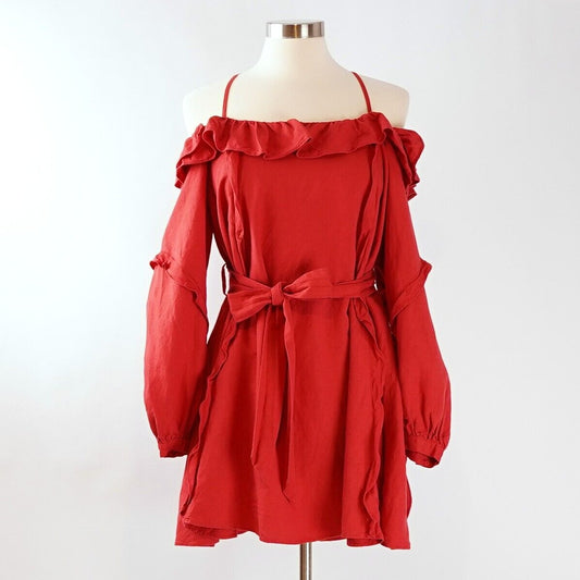 Marissa Webb Off Shoulder Linen Belted Ruffled Sundress - L