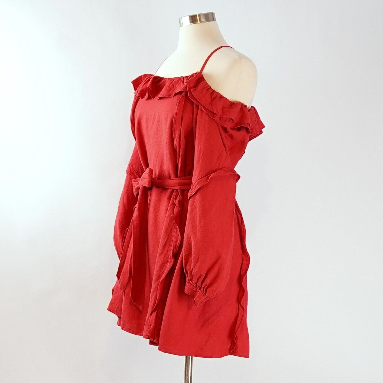 Marissa Webb Off Shoulder Linen Belted Ruffled Sundress - L