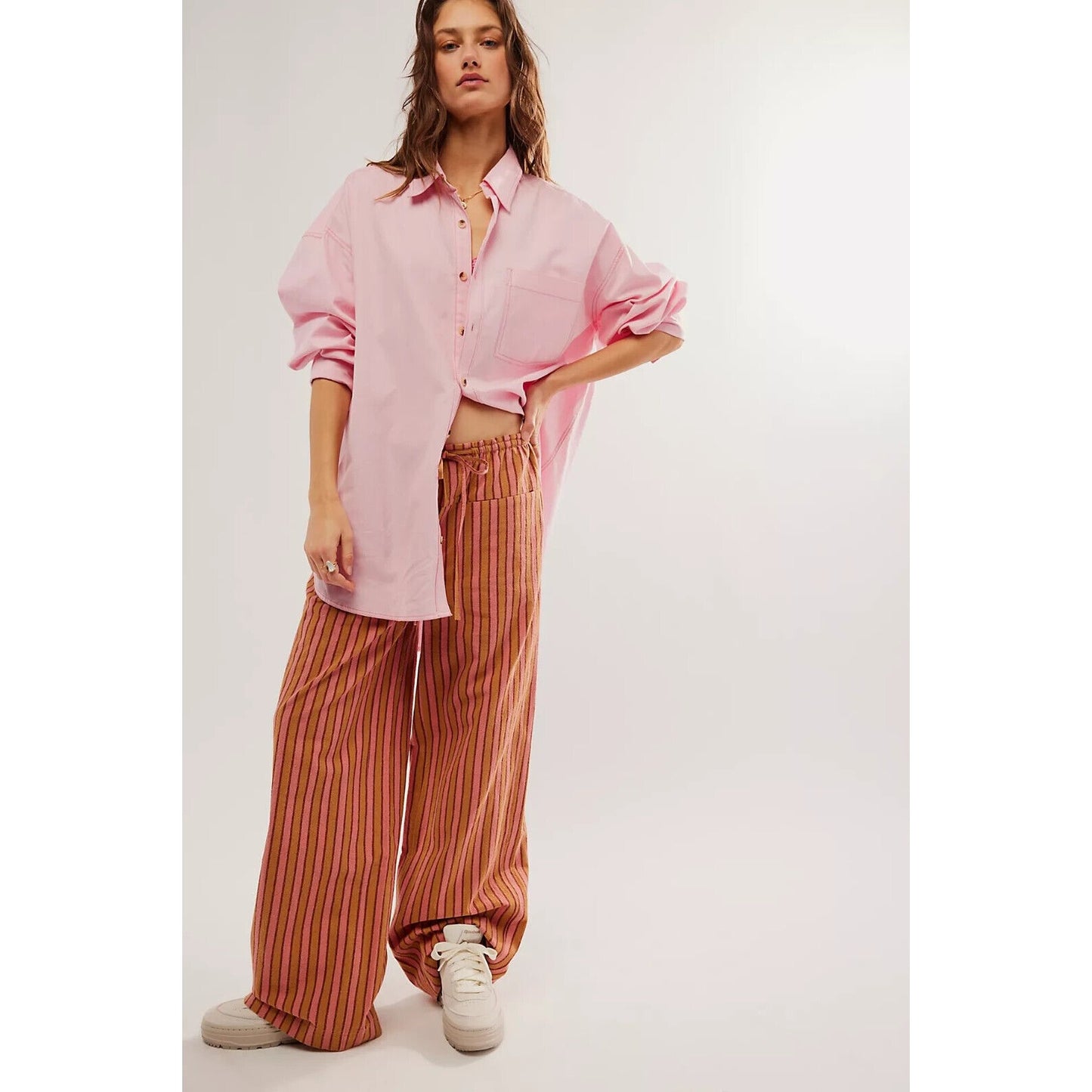 Free People Hudson Canyon Stripe Wide Leg Pants Brown Combo - M