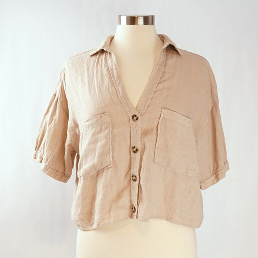 Zara Linen Short Sleeve Cropped Button Up Shirt Beige - M