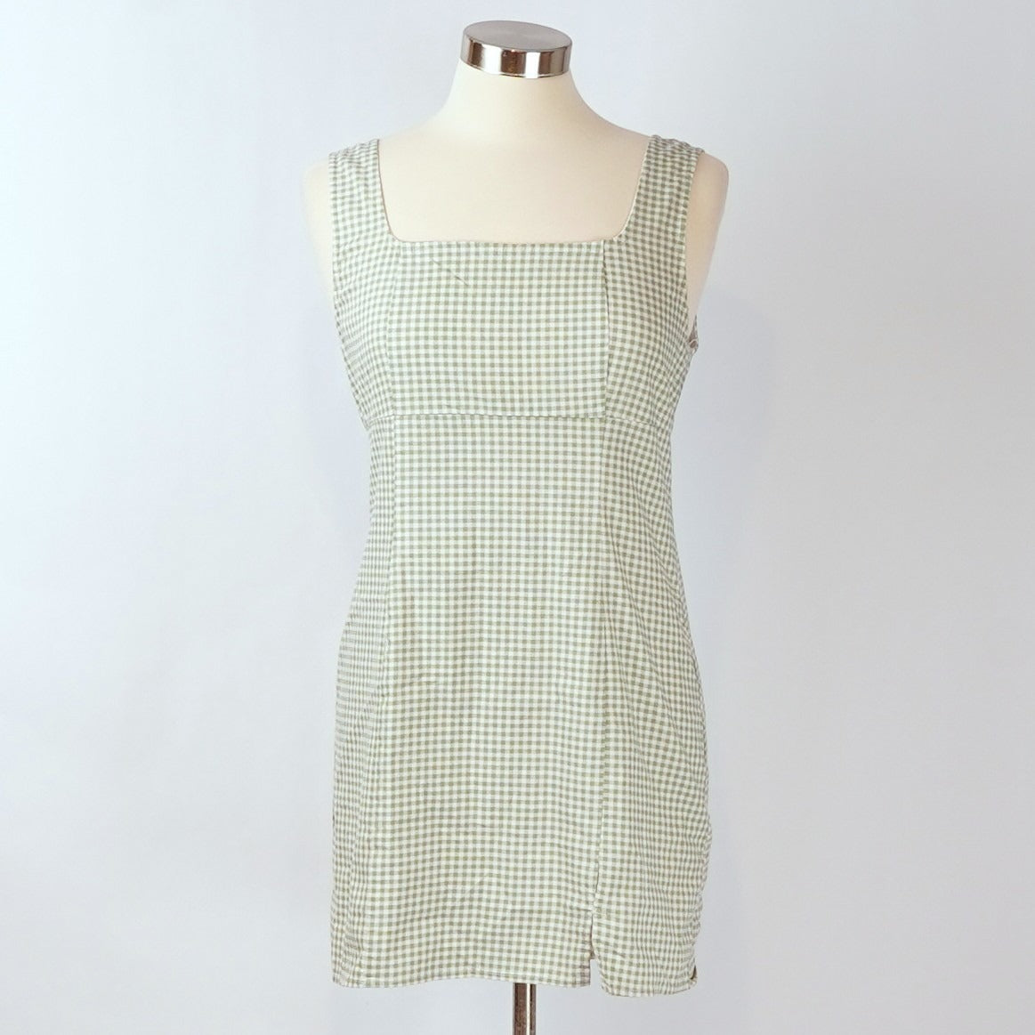 Lulus Happy Chance Sage Green Gingham Square Neck Mini Dress - L