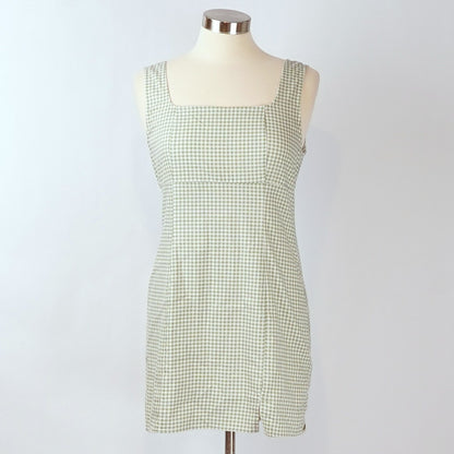 Lulus Happy Chance Sage Green Gingham Square Neck Mini Dress - L