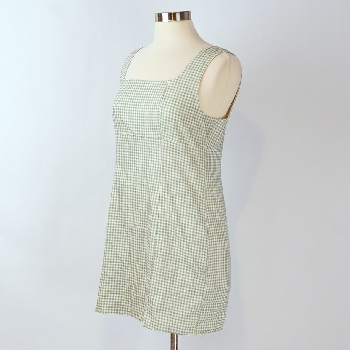Lulus Happy Chance Sage Green Gingham Square Neck Mini Dress - L