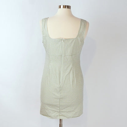 Lulus Happy Chance Sage Green Gingham Square Neck Mini Dress - L