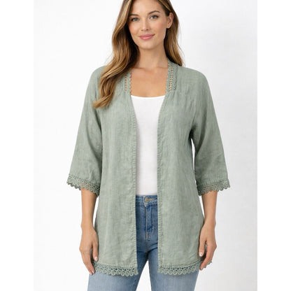 Valentina Naldi Linen Embroidered Kimono Cardigan Duster Sage Green - OS