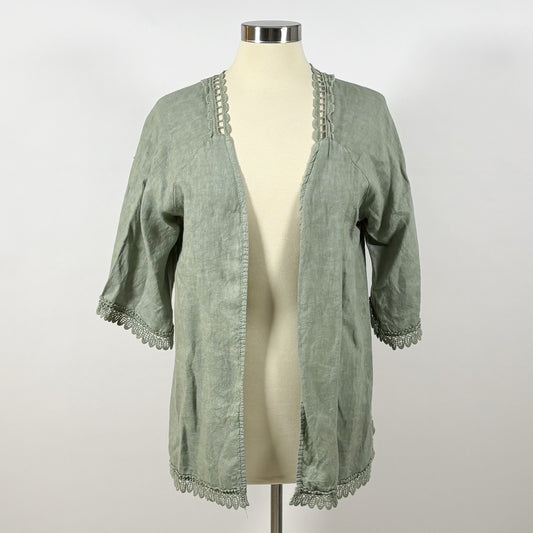 Valentina Naldi Linen Embroidered Kimono Cardigan Duster Sage Green - OS