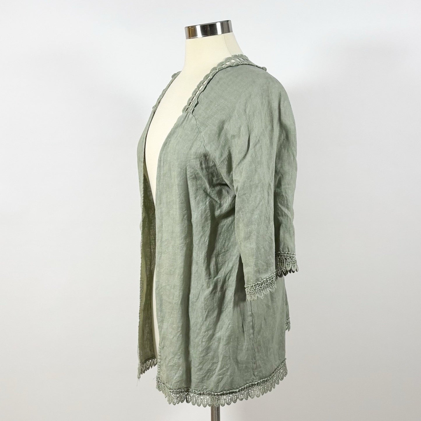Valentina Naldi Linen Embroidered Kimono Cardigan Duster Sage Green - OS