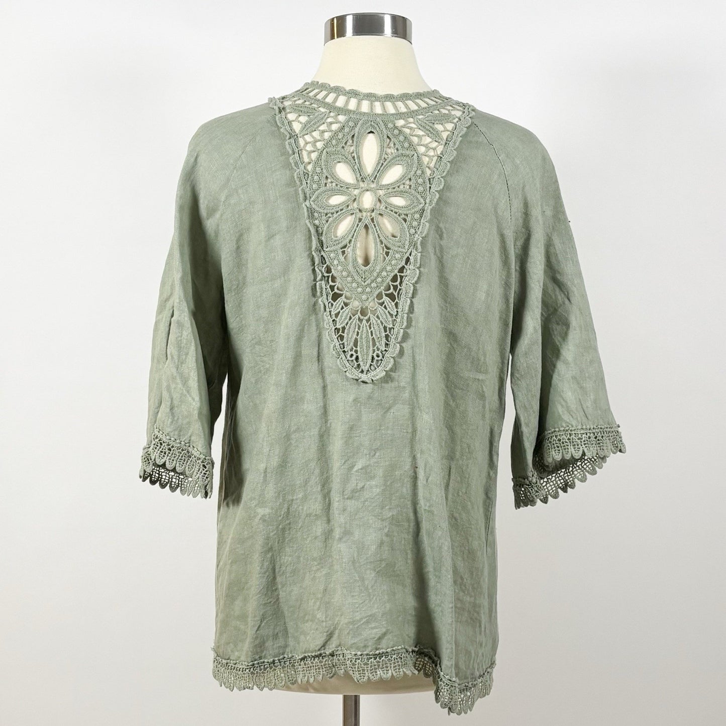 Valentina Naldi Linen Embroidered Kimono Cardigan Duster Sage Green - OS