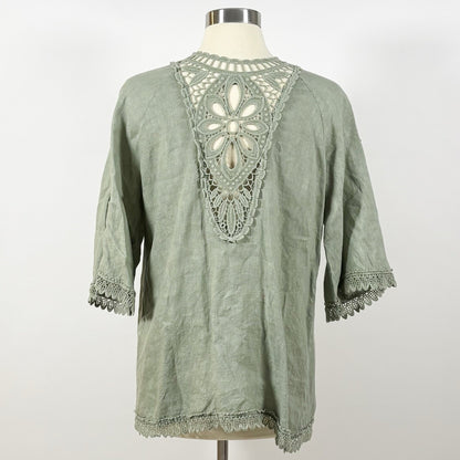 Valentina Naldi Linen Embroidered Kimono Cardigan Duster Sage Green - OS