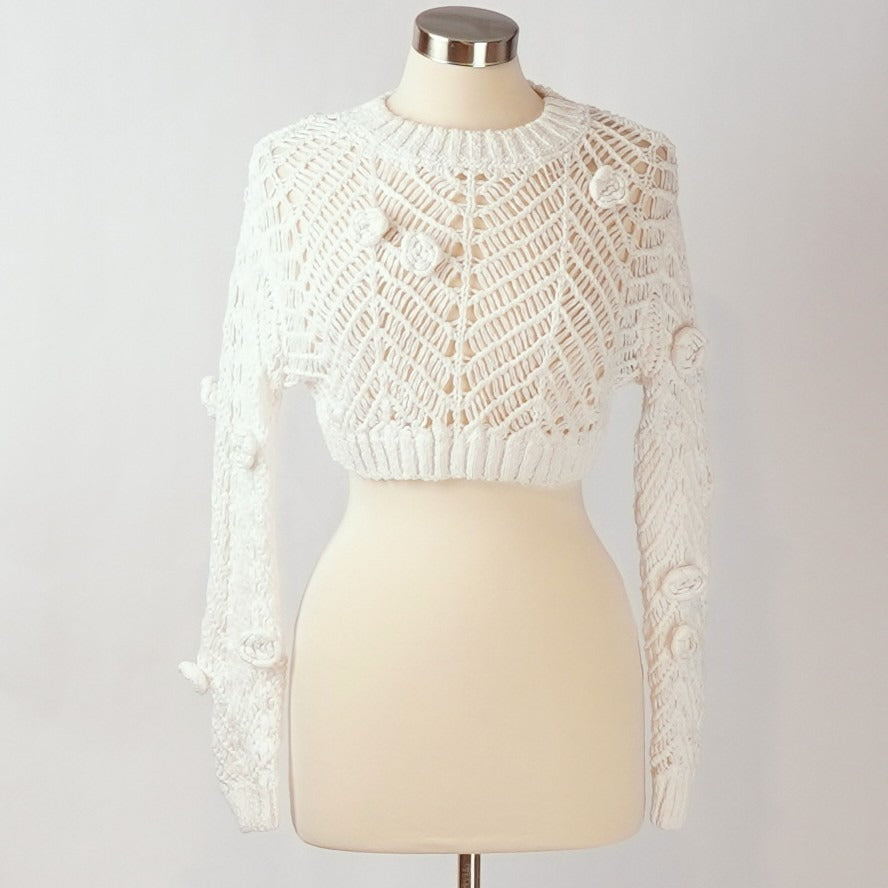 Zara Crochet Knit Crop Sweater Floral Details White - M