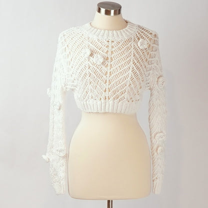 Zara Crochet Knit Crop Sweater Floral Details White - M