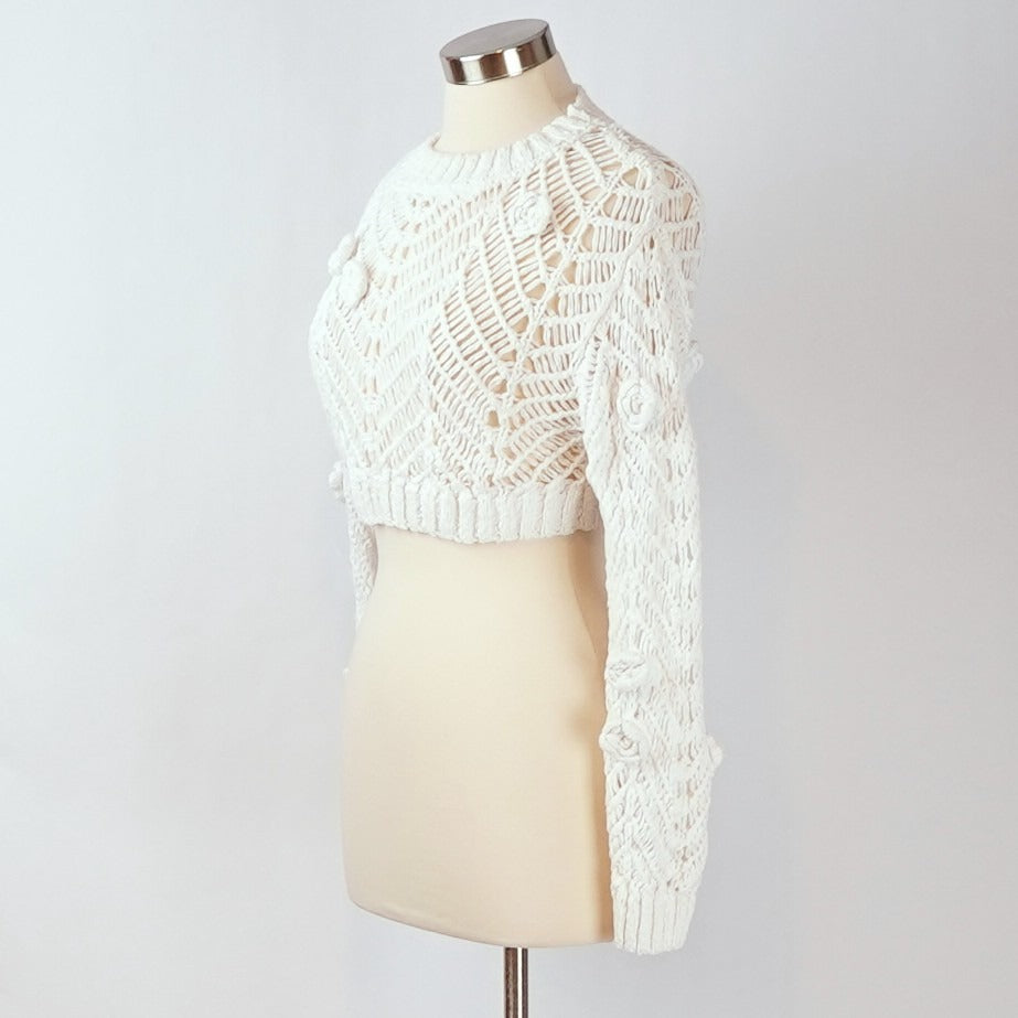 Zara Crochet Knit Crop Sweater Floral Details White - M